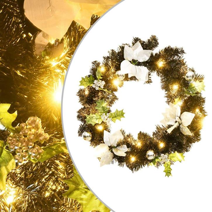 vidaXL Kerstkrans met LED-lampjes 60 cm PVC zwart, Diversen, Kerst, Nieuw, Verzenden