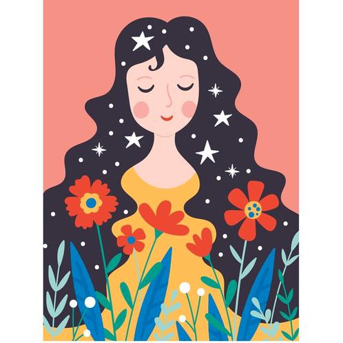 Schilderen op Nummer Set - Jonge Vrouw Sterren & Bloemen - i, Hobby en Vrije tijd, Knutselen, Nieuw, Ophalen of Verzenden