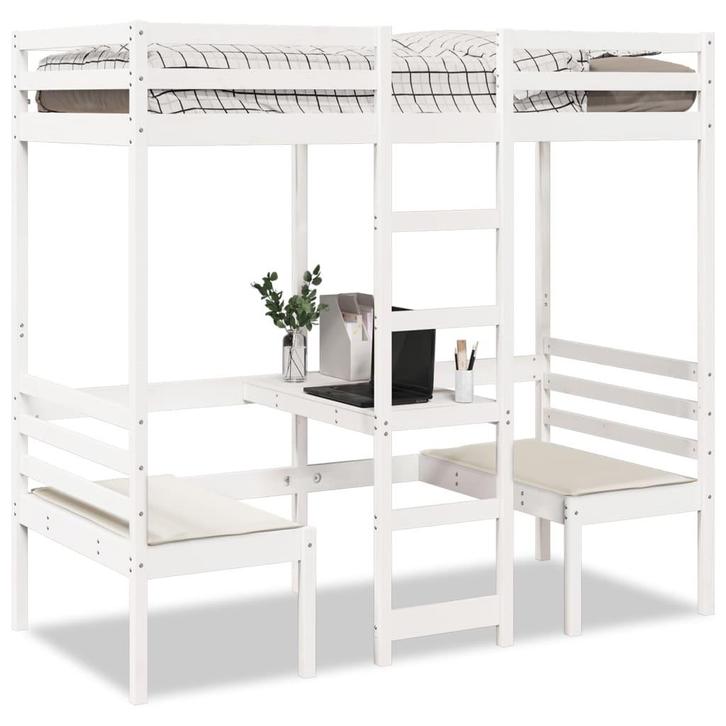 vidaXL Hoogslaper met bureau en stoelen grenenhout wit, Huis en Inrichting, Slaapkamer | Bedden, 90 cm, 200 cm, Wit, Eenpersoons