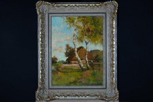 H van Gestel (XIX-XX) - Berkenbomen voor een Hoeve (No, Antiek en Kunst, Kunst | Schilderijen | Klassiek