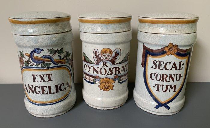 3 antieke 19e eeuwse apothekerspotten in craquelé keramiek,, Antiek en Kunst, Antiek | Glas en Kristal