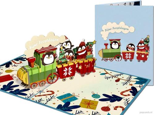 Grote Vrolijke Kerstkaart met Pinguïns in Kersttreintje, Diversen, Wenskaarten, Verzenden