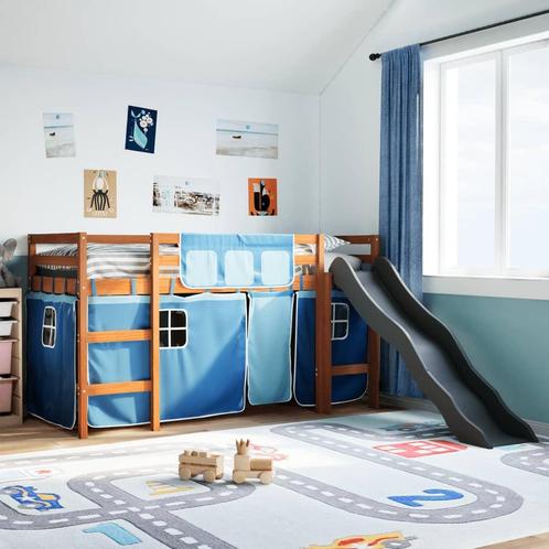 vidaXL Kinderhoogslaper met gordijnen 90x200 cm grenenhout, Huis en Inrichting, Slaapkamer | Bedden, 90 cm, 200 cm, Blauw, Eenpersoons