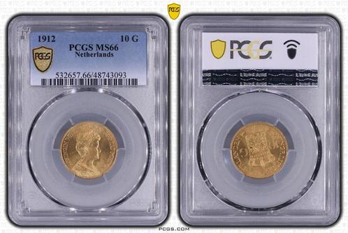 Gouden Wilhelmina 10 gulden 1912 MS66 gecertificeerd PCGS, Postzegels en Munten, Munten | Nederland, Losse munt, Goud, Verzenden