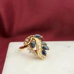 18 krt. Gouden ring met saffier en diamant | 0,18 ct., Gebruikt, Overige kleuren, Ophalen of Verzenden, Kleiner dan 17