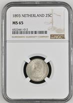 Koningin Wilhelmina 25 cent 1893 MS65 NGC, Zilver, Losse munt, Verzenden