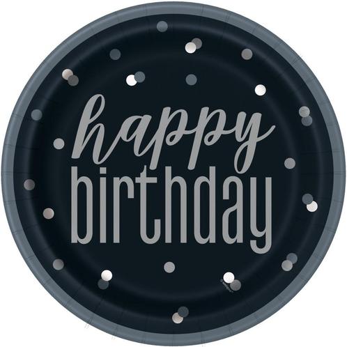 Happy Birthday Borden Zwart Stippen 22,2cm 8st, Hobby en Vrije tijd, Feestartikelen, Nieuw, Verzenden