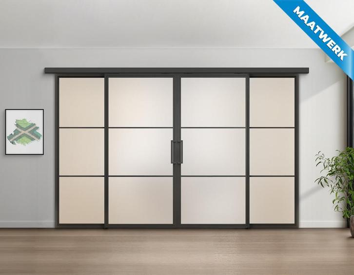Dubbele stalen Schuifdeuren met koofsysteem en glaspanelen 3, Doe-het-zelf en Verbouw, Kozijnen en Schuifpuien, Nieuw, Inclusief glas