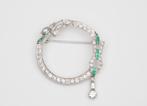 Platina Art Deco broche met diamant en smaragd ca. 1930, Gebruikt