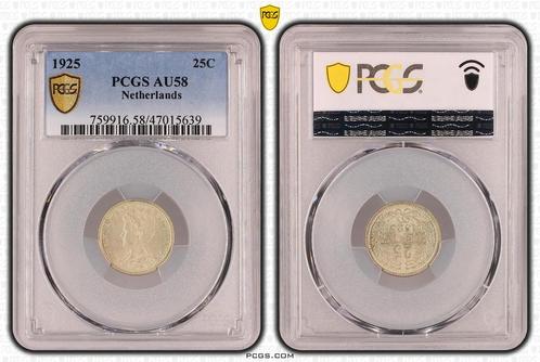 Koningin Wilhelmina 25 cent 1925 AU58 PCGS gecertificeerd, Postzegels en Munten, Munten | Nederland, Losse munt, 25 cent, Koningin Wilhelmina