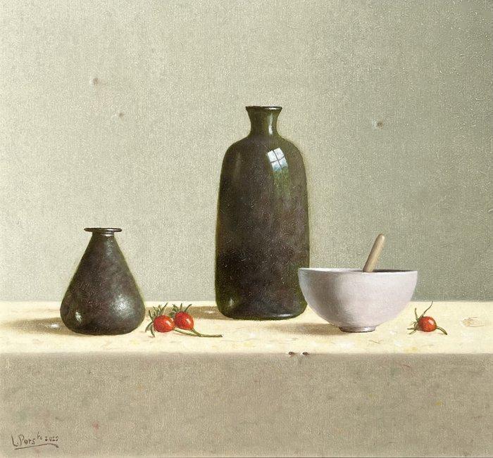Leo Pors (1952) - 17e Eeuws glas en rozenbottels, Antiek en Kunst, Kunst | Schilderijen | Klassiek