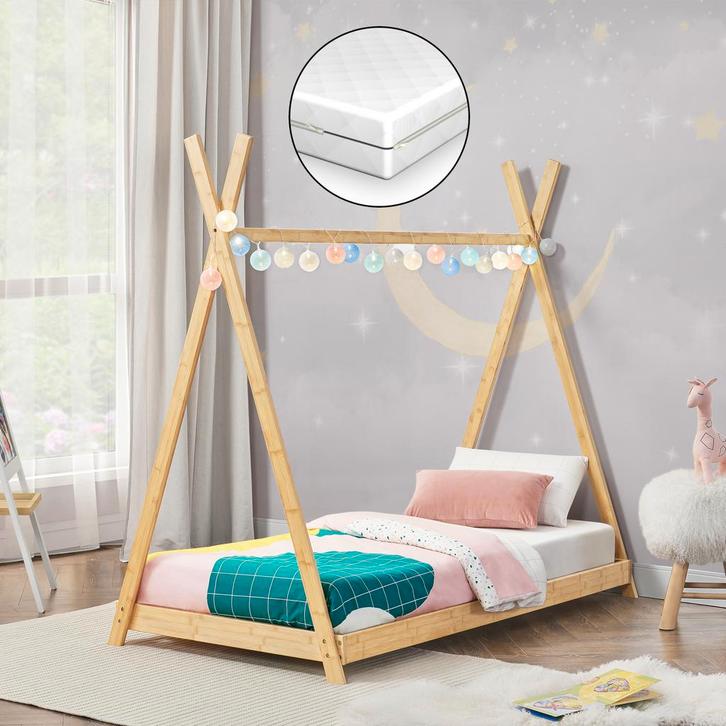 [en.casa] Kinderbed Vimpeli tipi met matras bamboe 80x160 cm, Huis en Inrichting, Slaapkamer | Bedden, Verzenden