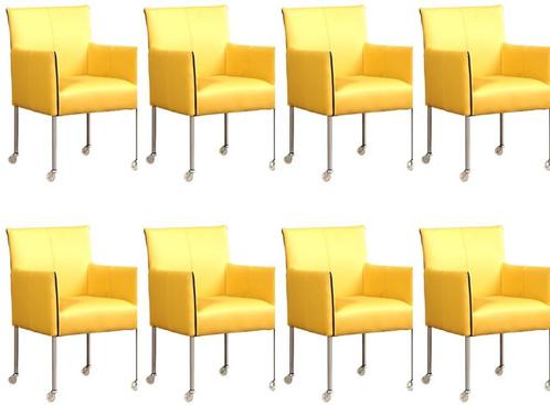 Set van 8 Gele leren moderne kuipstoel - poot rond rvs met w, Huis en Inrichting, Stoelen, Vijf, Zes of meer stoelen, Nieuw, Leer