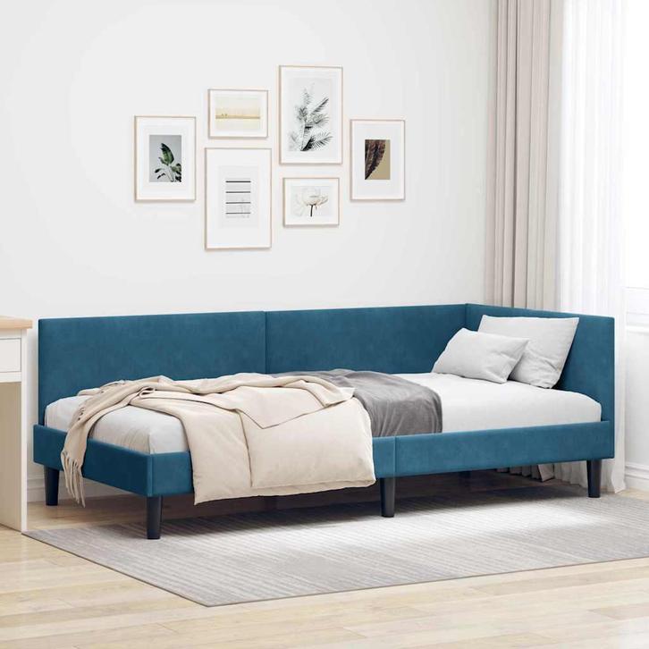 vidaXL Hoekbedframe met hoofdeinde Blauw 100 cm x 200 cm, Huis en Inrichting, Slaapkamer | Bedden, Blauw, Nieuw, Stof, Verzenden