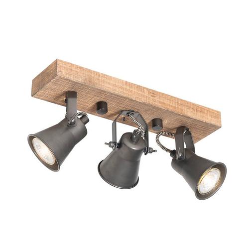 Landelijke spot zwart met hout 3-lichts verstelbaar - Jelle, Huis en Inrichting, Lampen | Spots, Nieuw, Overige materialen