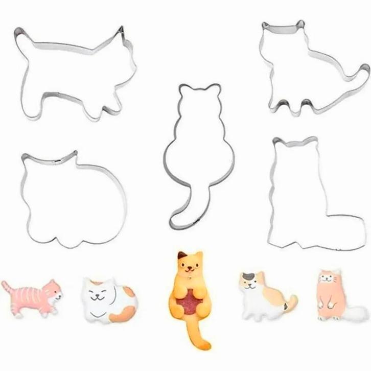 Set met 5 verschillende poezen koekjes uitsteekvormen, Hobby en Vrije tijd, Taarten en Cupcakes maken, Taarten of Cupcakes, Nieuw
