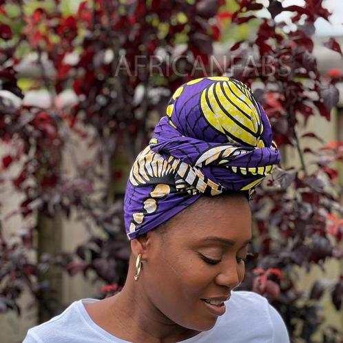 Afrikaanse Paarse bloemen hoofddoek - headwrap, Kleding | Dames, Hoeden en Petten, Nieuw, Ophalen of Verzenden