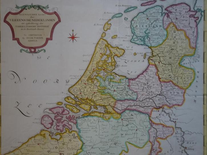 ets kleur kaart Vereenigde Nederlanden, Tirion 1752, Boeken, Atlassen en Landkaarten, Voor 1800, Nederland, Gelezen, Landkaart