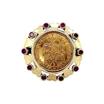 Gouden vintage munt ring met robijn 14 krt beschikbaar voor biedingen