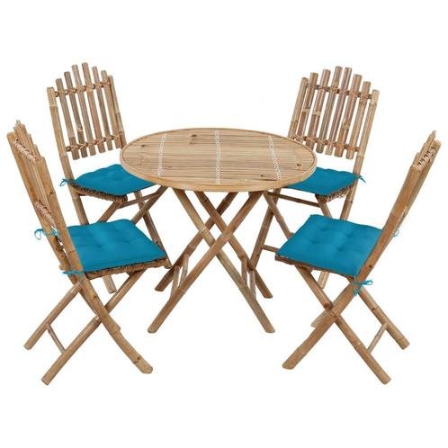 vidaXL 5-delige Tuinset inklapbaar met kussens bamboe, Tuin en Terras, Tuinsets en Loungesets, Tuinset, Nieuw, 4 zitplaatsen, Hout