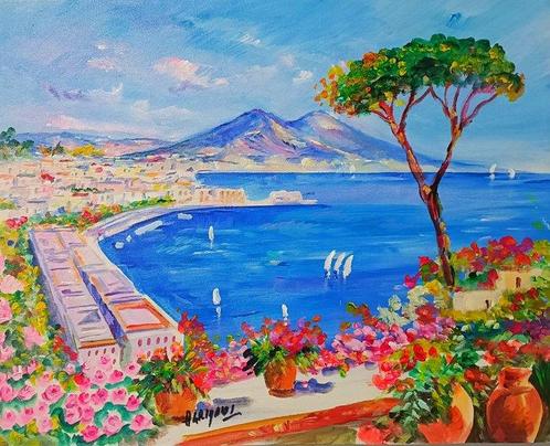 Alfredo Grimaldi (1950) - Fiori di Napoli con Vesuvio, Antiek en Kunst, Kunst | Schilderijen | Klassiek