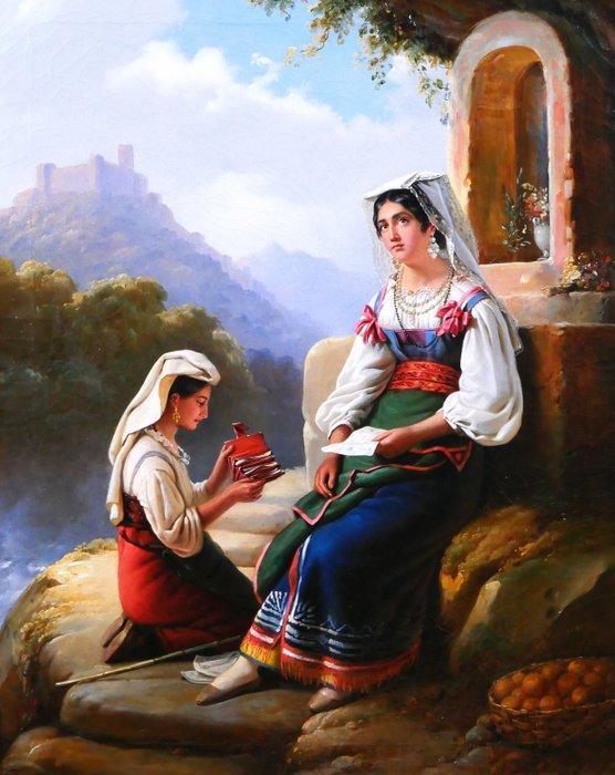 Edouard Pingret (1785-1869) - Italy, women in a landscape;, Antiek en Kunst, Kunst | Schilderijen | Klassiek