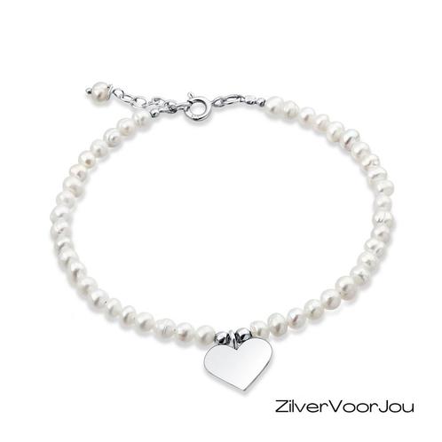 Zilveren hartje aan zoetwaterparel armband, Sieraden, Tassen en Uiterlijk, Armbanden, Nieuw, Verzenden