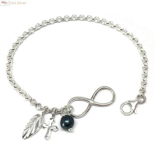 Zilveren Armband met Infinity, Parel, Veer & Kruis - 925 zil, Sieraden, Tassen en Uiterlijk, Armbanden, Nieuw, Verzenden