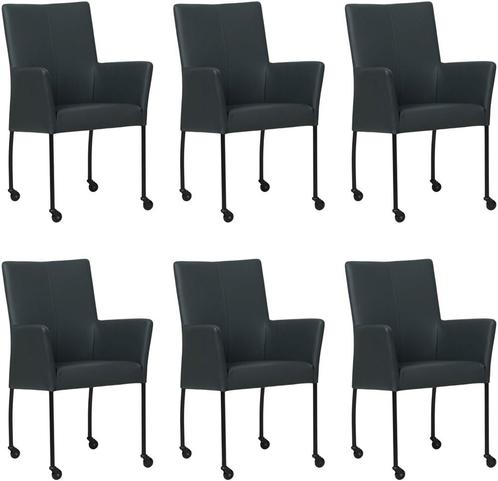 Set van 6 Donkerblauwe leren moderne eetkamerstoelen - Herme, Huis en Inrichting, Stoelen, Vijf, Zes of meer stoelen, Overige kleuren