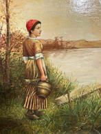 Basiers L - Jonge vrouw met waterkruik aan de vijver, rond