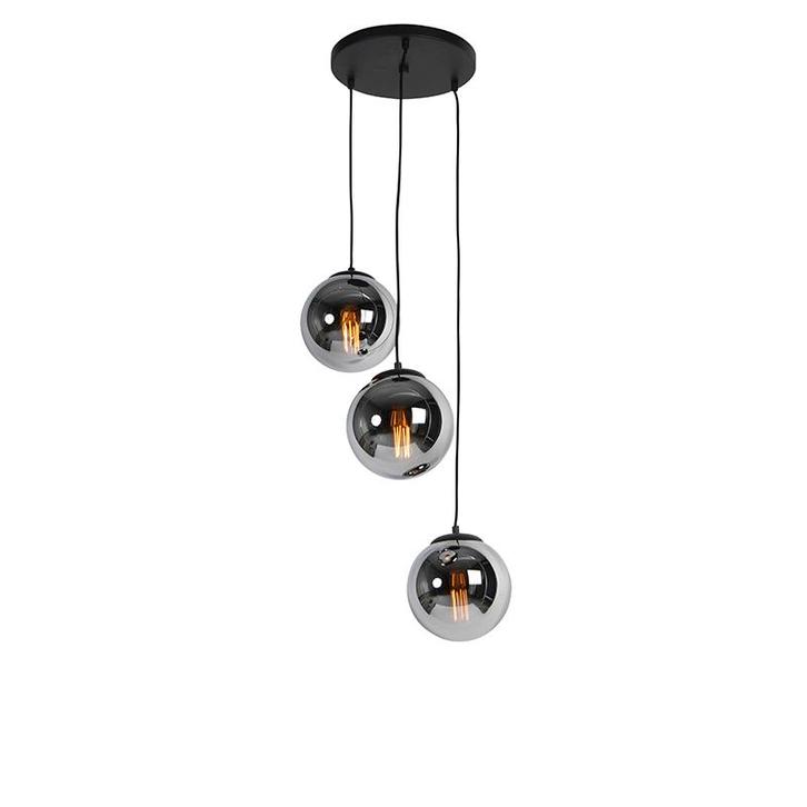Art deco hanglamp zwart met smoke glas 3-lichts - Pallon, Huis en Inrichting, Lampen | Hanglampen, Nieuw, Glas, 75 cm of meer