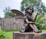 Beeld, Bronze Fairy with Butterfly - 17 cm - Brons, Marmer