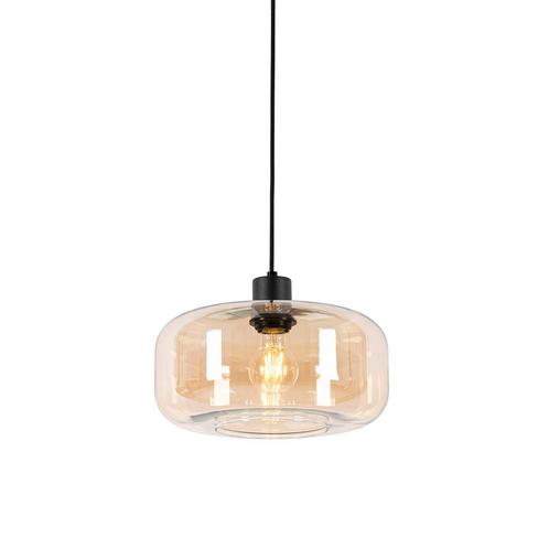 Smart hanglamp zwart met amber glas incl. Wifi A60 - Bizle, Huis en Inrichting, Lampen | Hanglampen, Nieuw, Glas, 75 cm of meer