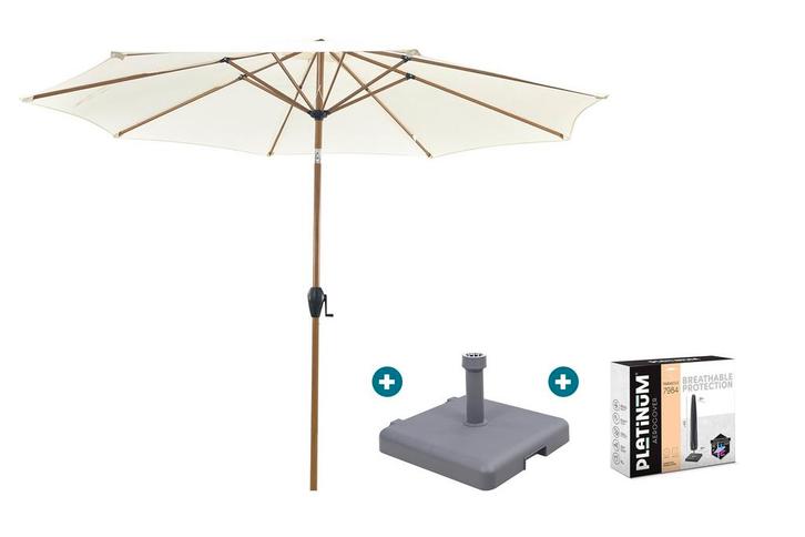 Kayu Stokparasol Ø300 cm. - Ecru/Woodlook met sleepvoet &, Tuin en Terras, Parasols, Parasolvoet, Nieuw, Kantelbaar, Verzenden