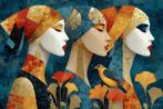 1131 -John Joseb Art schilderij vrouwen met bloemen en vogel, Oorspronkelijke maker, Verzenden, Nieuw, Schilderij