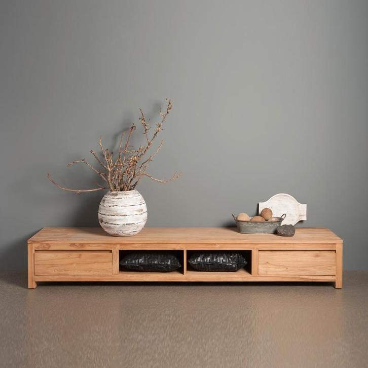 *WOONWINKEL* Tower Living Corona Laag Tv-meubel Teak - 2 Lad, Huis en Inrichting, Kasten | Televisiemeubels, Nieuw, Verzenden