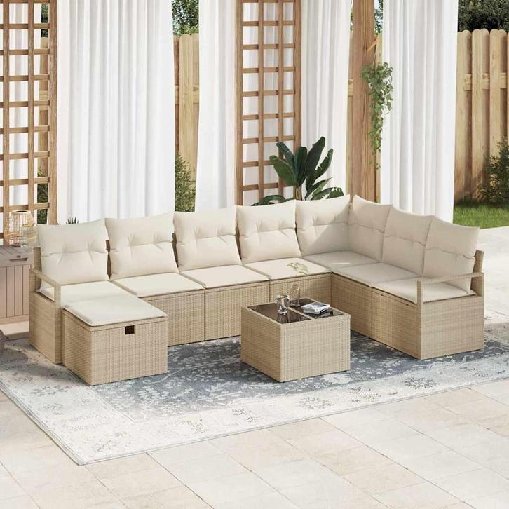 vidaXL Tuin Sofa Set 9 pcs Beige Poly riet, Tuin en Terras, Tuinsets en Loungesets, Nieuw, Rotan, Verzenden