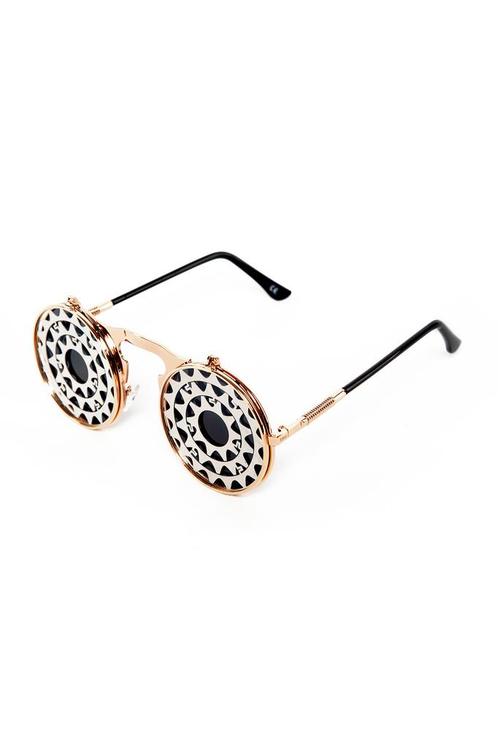 Flip Up Zonnebril Tandwielen Goud Montuur Zilver Zwarte Glaz, Hobby en Vrije tijd, Feestartikelen, Carnaval, Feestartikel, Nieuw