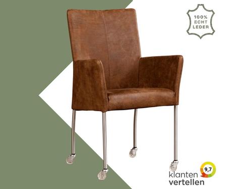 Leren eetkamerstoel Comfort met wieltjes en armleuning -, Huis en Inrichting, Stoelen, Eén, Bruin, Nieuw, Leer, Ophalen of Verzenden