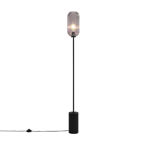 Art Deco vloerlamp zwart met smoke glas - Rid, Huis en Inrichting, Lampen | Vloerlampen, Nieuw, Glas, 150 tot 200 cm