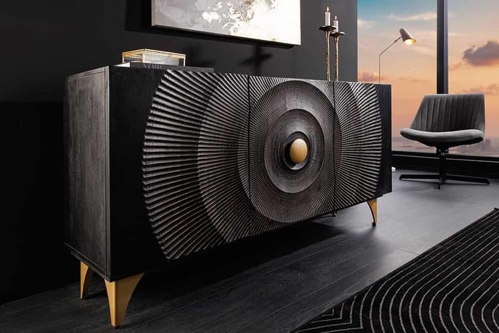 Handgemaakt dressoir GOLDEN SUNSET 140cm zwart met 3D, Huis en Inrichting, Kasten | Dressoirs, Ophalen of Verzenden