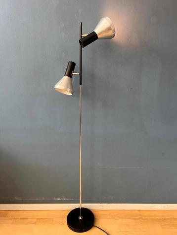 Vintage Black Mid Century Floor Lamp with Two Aluminum Spots beschikbaar voor biedingen