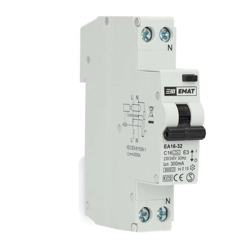 EMAT aardlekautomaat 1-polig+nul 16A C-kar 300mA (85006017), Doe-het-zelf en Verbouw, Elektra en Kabels, Verzenden