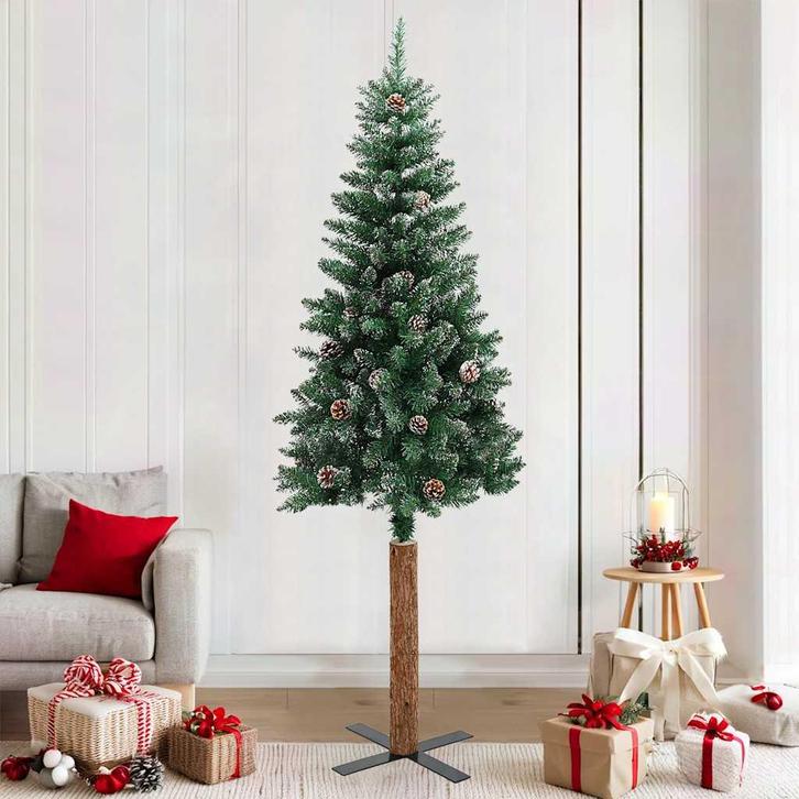 vidaXL Kerstboom met echt hout en sneeuw smal 210 cm groen, Diversen, Kerst, Nieuw, Verzenden
