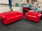Chesterfield Maarssen ! Rood leren 3+2 Chesterfield Bankstel, Huis en Inrichting, Banken | Complete zithoeken, Ophalen, Zo goed als nieuw