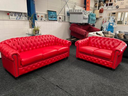 Chesterfield Maarssen ! Rood leren 3+2 Chesterfield Bankstel, Huis en Inrichting, Banken | Complete zithoeken, Zo goed als nieuw