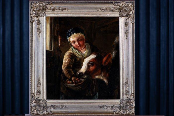 Hollandse School (XVIII-XIX) - Kind en Kalf (NO RESERVE), Antiek en Kunst, Kunst | Schilderijen | Klassiek