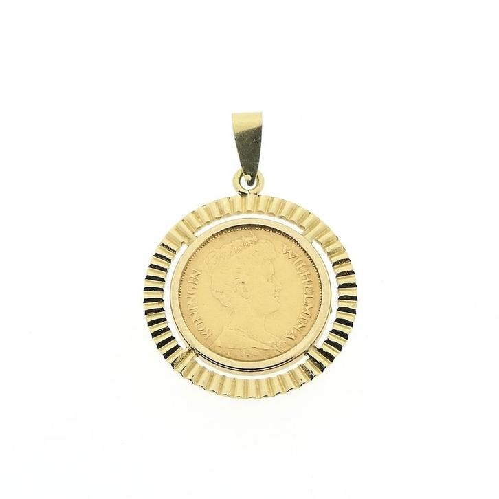 Gouden hanger van 5 gulden munt; Koningin Wilhelmina 1912, Sieraden, Tassen en Uiterlijk, Bedels, Gebruikt, Overige merken, Goud