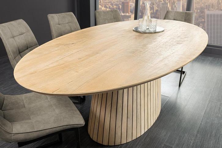 Ovale eettafel ART DECO 220 cm wit witgekalkt massief, Huis en Inrichting, Tafels | Eettafels, Ophalen of Verzenden