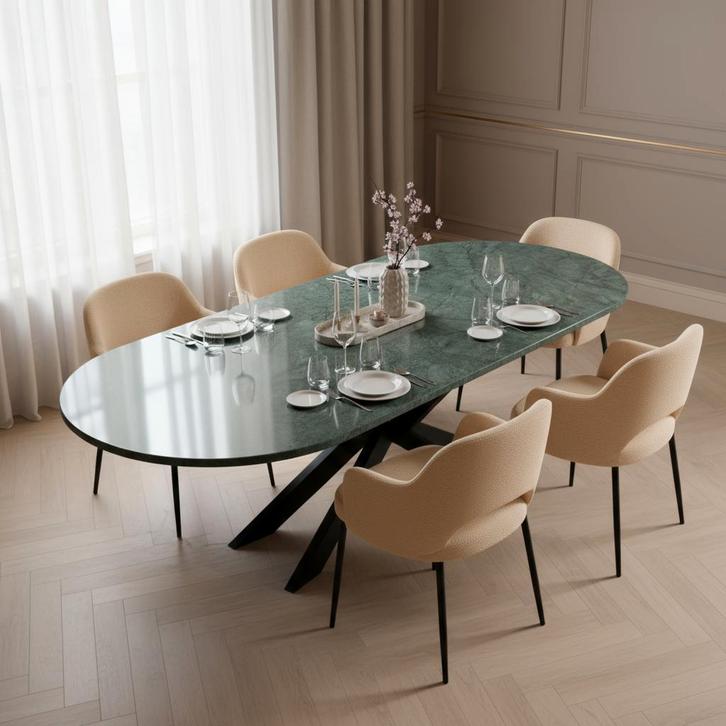 Green Marble Eetkametafel  Plat Ovaal, Huis en Inrichting, Tafels | Eettafels